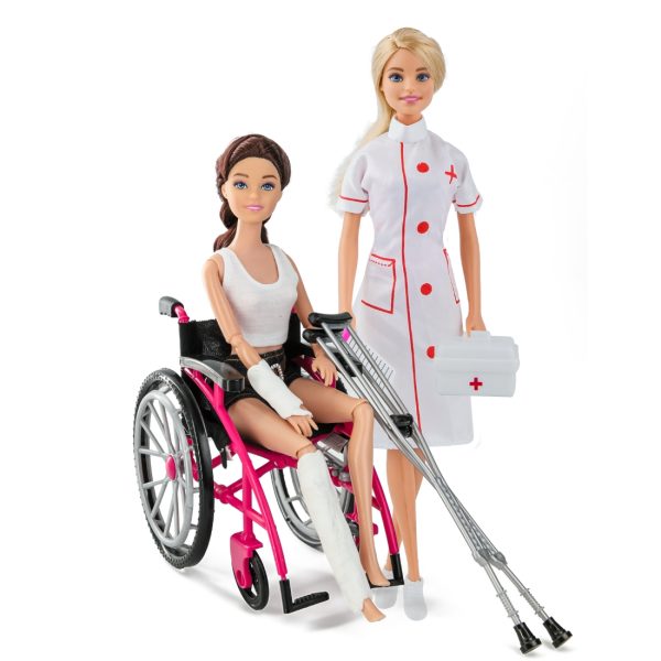 Two fashion dolls – one seated in a wheelchair with a foam clay cast, the other dressed as a nurse – from Little Miss Galavant Wheelchair & Nurse Care Set, compatible with Barbie and other 29cm dolls
