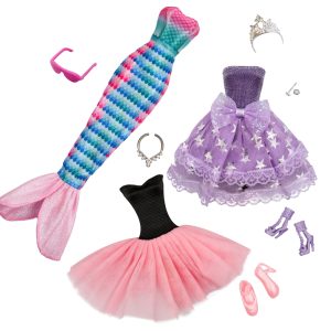 Black & pink ballerina dress, turquoise and pink mermaid outfit and purple princess short dress.